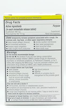 Rugby Chest Congestion Relief PE Guaifenesin 400 mg / Phenylephrine HCl 10 mg Expectorant Nasal Decongestant Relieves Chest & Sinus Congestion - 60 Immediate Release Tablets