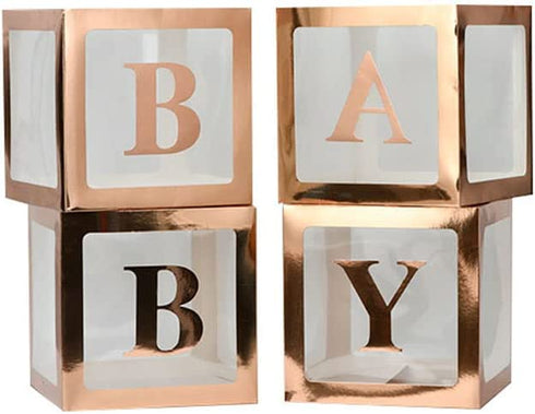YJHSS Baby Shower Boxes Decorations for Girl & Boy, 4-Pack Transparent Balloons Boxes Décor with BABY Letters for Gender Reveal Baby Shower Decorations Bridal Showers Birthday Party, Rose Gold