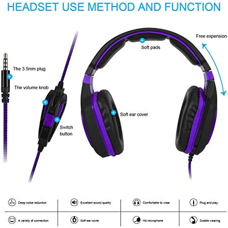 Gaming Headset Bass Surround Sound Stereo PS4 Headset with Flexible Microphone Volume Control Noise Canceling Mic Over-Ear Headphones Compatible for PS4 Xbox one Laptop PC Mac Purple