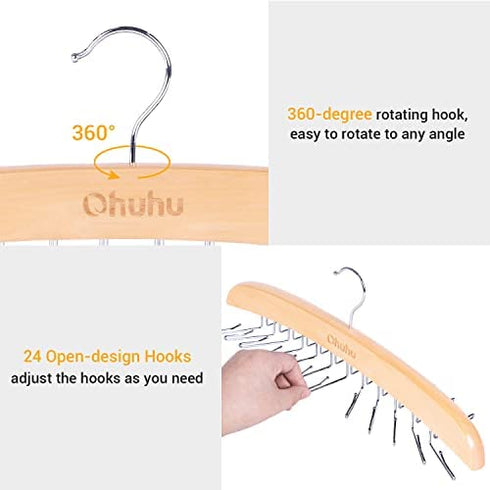 Tie Rack, Ohuhu 24 Hook Holder Tie Hanger Organizer for Closet Wooden Belt Storage Rack for Men Ties Belts Scarves Accessories