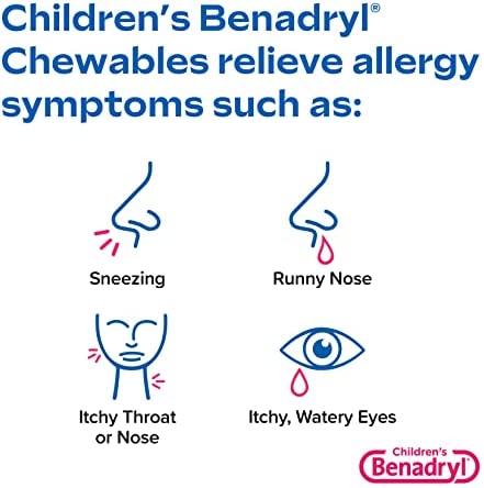 Benadryl Children's Allergy Chewables with Diphenhydramine HCl, Antihistamine Chewable Tablets in Grape Flavor, Three Pack, 3 x 20 ct Each, 60 ct