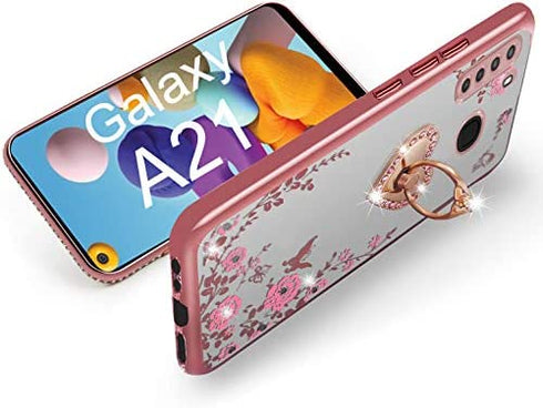 B-wishy for Samsung Galaxy A21 Case for Women, Glitter Crystal Butterfly Heart Floral Slim TPU Luxury Bling Cute Protective Cover with Kickstand+Strap for A21(Rose Gold)