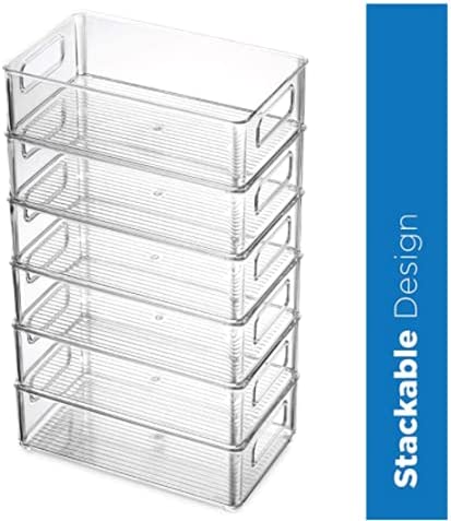 Set of 6 Refrigerator Organizer Clear Plastic Pantry Different Sizes Fridge Storage Bins with Cutout Handles Large BPA- Free Freezer Shelves Container For Kitchen Bathroom Drawers Cabinets