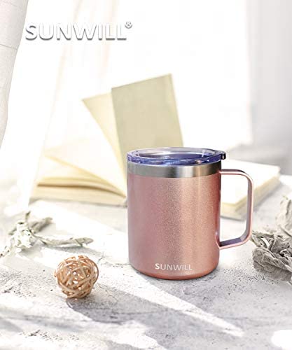 SUNWILL Coffee Mug with Handle, 14oz Insulated Stainless Steel Coffee Travel Mug, Double Wall Vacuum Reusable Coffee Cup with Lid, Rose Gold