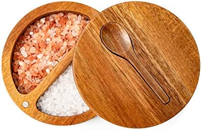 DecoVibe Acacia Salt Box Divided with Magnetic Swivel - 2-Compartment Wooden Spice Cellar - Elegant Wood Storage Keeper for Condiments, Seasoning, Pepper - Attached Spoon on Lid Cover - 3.9x3.9x2.5"