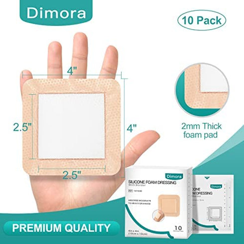 Dimora Silicone Foam Dressing with Border Adhesive 4"x4" Waterproof Wound Dressing Bandage for Wound Care 10 Pack