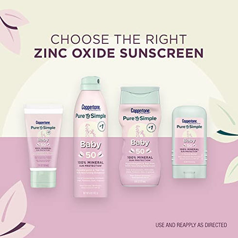 Coppertone Pure and Simple Baby Sunscreen SPF 50 Lotion, Zinc Oxide Mineral Sunscreen for Babies, Tear Free, Water Resistant, Broad Spectrum SPF 50 Sunscreen, 6 Fl Oz Bottle