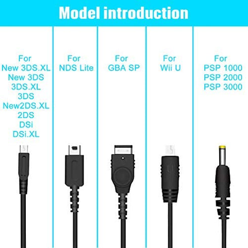5 in 1 USB Charger Cable Cord for Nintendo NDS Lite/Wii U/New 3DS(XL/LL),3DS(XL/LL),2DS,DSi(XL/LL),NDS/GBA SP(Gameboy Advance sp),PSP 1000 2000 3000