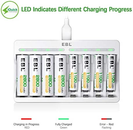 EBL 8 Bay AA AAA Battery Charger - Individual Battery Charger with 5V 2A Fast Charging Function for Ni-MH Ni-CD AA AAA Rechargeable Batteries