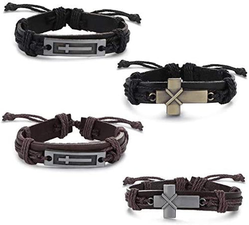 SAILIMUE 4 Pcs Cross Leather Bracelet for Men Religious Cross Tag Bangle Leather Wristband Adjustable Drawstring Bracelet Set