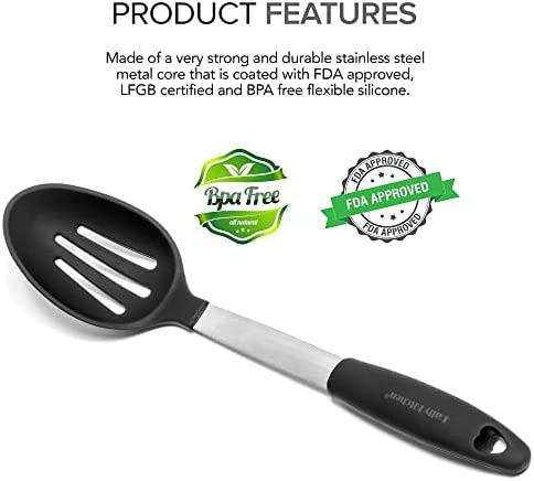 Daily Kitchen Slotted Cooking Spoon Heat Resistant Silicone and Stainless Steel Metal - Best Serving Spoon with Rubber Grip - Flexible Silicone Spoon for Non Stick Cookware – Spoons for Cooking
