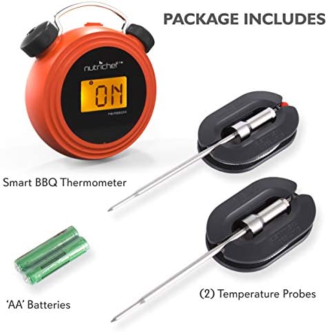 Smart Bluetooth BBQ Grill Thermometer - Digital Display, Stainless Dual Probes Safe to Leave in Outdoor Barbecue Meat Smoker - Wireless Remote Alert iOS Android Phone WiFi App - NutriChef PWIRBBQ60