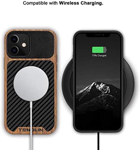 TENDLIN Compatible with iPhone 12 Mini Case Wood Grain with Carbon Fiber Texture Design Leather Hybrid Case Black