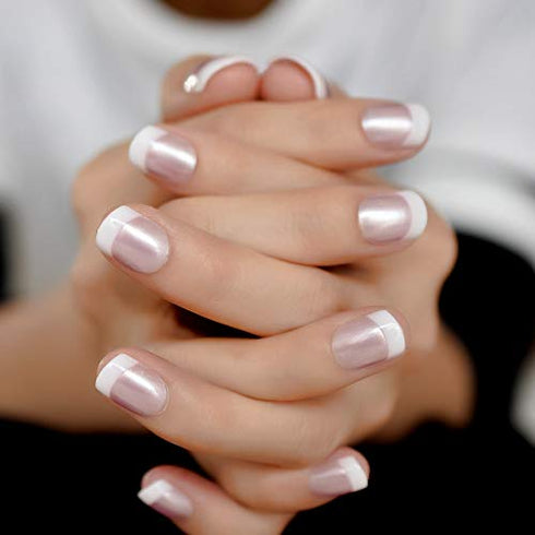 Pearl Shine Pink French Nail Press On Nails for Daily Wear White Round Fake Nails Short Glossy Satin Artificial Lady Fingernails with Adhesive Tabs