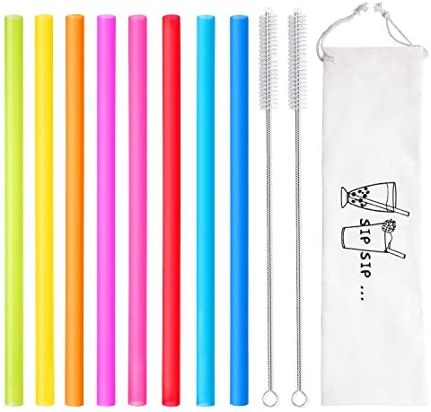 8 Pcs Extra Wide Reusable Smoothie Straws & Boba Straws with 1 Bag & 2 Brushes - Multicolor Big Jumbo Straws, BPA FREE Large Plastic Straws for Smoothies, Bubble Tea(Tapioca, Boba Pearls), Milkshakes