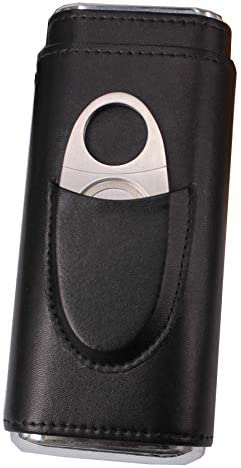 AMANCY Classic Black Leather 3 Fingers Cigar Case with Cedar Wood Lining ,Silver Stainless Steel Cutter Contained