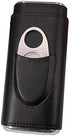 AMANCY Classic Black Leather 3 Fingers Cigar Case with Cedar Wood Lining ,Silver Stainless Steel Cutter Contained