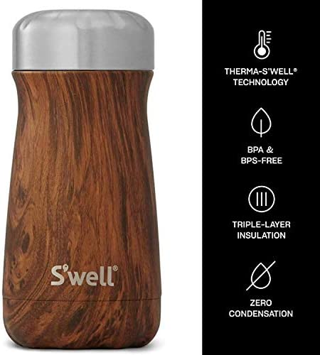S'well Stainless Steel Traveler-12 Fl Oz Triple-Layered Vacuum-Insulated Travel Mug Keeps Coffee, Tea and Drinks Cold for 20 Hours and Hot for 9-BPA-Free Water Bottle, 12 oz, Teakwood