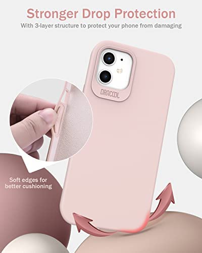 Dracool Liquid Silicone Cover Compatible with iPhone 12/iPhone 12 Pro Case and Built-in Screen Protector Shockproof 360 Full Body Protection for Women Girls 3 Layer Hybrid Soft Gel Rubber - Pink