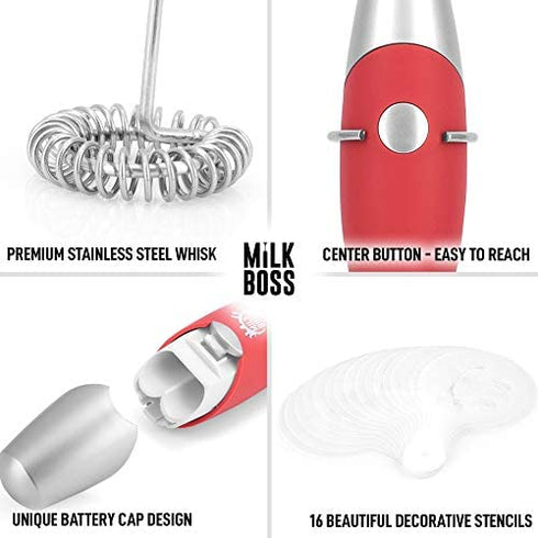 Milk Boss Mighty Milk Frother Handheld Whisk Mixer - Coffee Frother Electric Handheld Foam Maker & Frother For Coffee - Portable Electric Whisk With 16-Piece Stencils For Lattes, Matcha & More (Red)