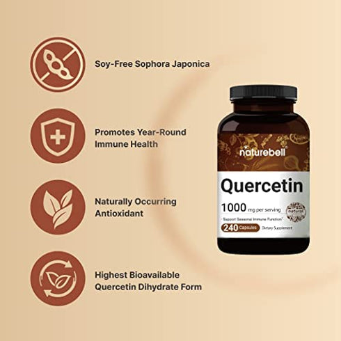 Naturebell Quercetin 1000mg Per Serving | 240 Capsules, Ultra Strength Quercetin Supplement | Bioflavonoids for Healthy Immune Response, Anti-Inflammatory & Internal Circulation