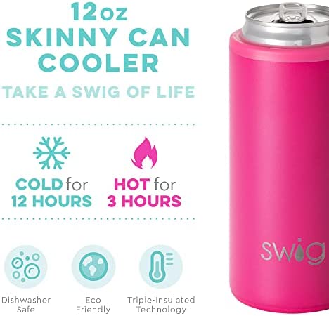 Swig Life Skinny Can Cooler, Stainless Steel, Dishwasher Safe, Triple Insulated Slim Can Sleeve for 12oz Tall Skinny Can Beverages (Hot Pink)