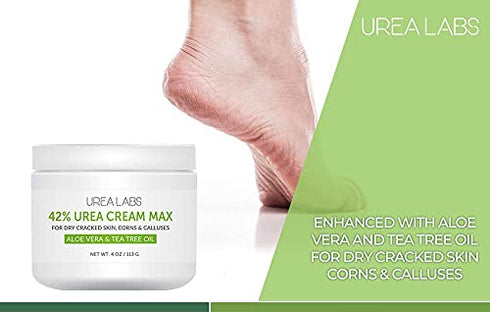 UREA LABS | 42% Urea Cream MAX w/ Aloe Vera & Tea Tree Oil, 4 Oz Highest Potency Foot Cream, Corn & Callus Remover. Moisturizes & Re-hydrates Rough, Cracked, Dead & Dry Skin on Feet, Elbows and Hands