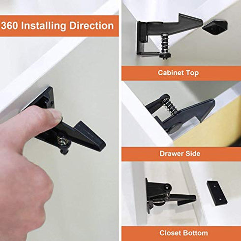 Cabinet Locks Child Safety Latches - OKEFAN 12 Pack Baby Proofing Cabinets Drawer Lock Adhesive Latch for Kids Proof Drawers No Drilling Tools Needed (Black)