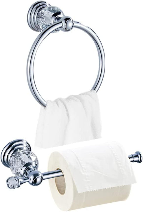WOLIBEER Chrome Toilet Paper Holder Hand Towel Ring Towel Holder Crystal Bathroom Accessories Polished Wall Mounted 2 Pieces