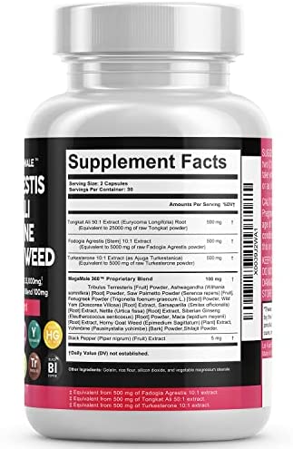 Fadogia Agrestis 5000mg Tongkat Ali 25000mg Turkesterone 5000mg Supplement with Horny Goat Weed, Saw Palmetto, Maca Root, Siberian Ginseng, Tribulus Terrestris, Fenugreek, Wild Yam USA - 60 Count