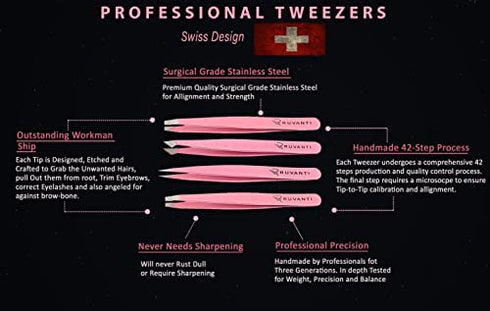 Ruvanti-4 Piece Professional Stainless Steel Tweezers Set - Eyebrow Tweezers, Slant tip, Pointed & Straight Best Precision Tweezers for Facial & Ingrown Hairs,Splinter & Hair Removal Tweezers (Pink)