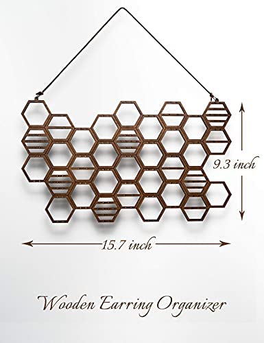 Heesch Hanging Earring Holder Honeycomb Earring Organizer Wall Mount Earring Display Wood Hanging Jewelry Organizer for Stud Earrings, Necklaces (Walnut)