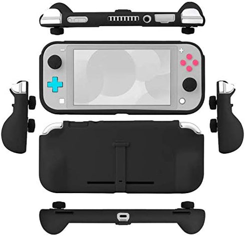 Orzly Grip Case for Nintendo Switch Lite – Case with Comfort Padded Hand Grips, Kickstand, Pack of Thumb Grips - Black