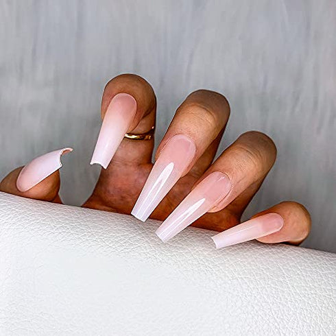 Morily 24pcs Fake Nails Ombre Ballerina Long Coffin Press on Nail False Tips Artificial Finger Manicure for Women and Girls (White)