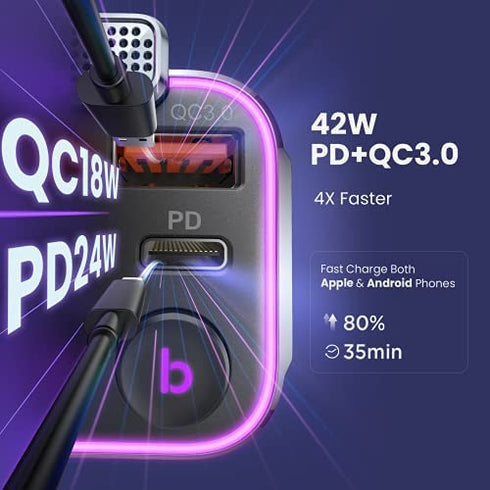 AINOPE 2023 Upgraded Bluetooth FM Transmitter for Car Adapter, Stronger Microphone & Bass Sound Bluetooth Radio Transmitter Car Adapter, Support 42W PD+QC3.0, 7 Colors LED Backlit, Wireless Call