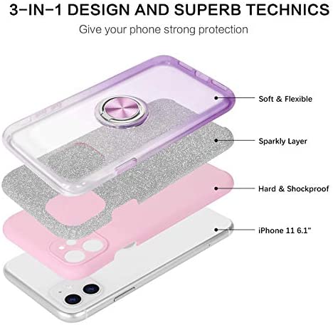 BENTOBEN iPhone 11 Case, iPhone 11 Phone Case, Slim Fit Glitter Sparkly Case with 360° Ring Holder Kickstand Magnetic Car Mount Supported Protective Girls Women Cover for iPhone 11 6.1" (2019), Purple