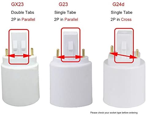 2pcs E-Simpo GX23 Pin-Base to E26/E27 Lamp Base Adapter CFL PL Lamp base to E26 E27 Edison Socket Holder Adapter, Gx23 to E26 Adapter (Gx23 to E26/E27, Double Tab,2P in Parallel)