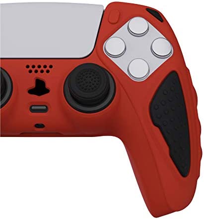 PlayVital Knight Edition Passion Red & Black Two Tone Anti-Slip Silicone Cover Skin for ps5 Controller, Soft Rubber Case for ps5 Wireless Controller with Thumb Grip Caps