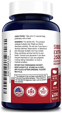 Siberian Rhubarb 10:1 Extract 2500mg - 200 Veggie Capsules (Vegetarian, Non-GMO & Gluten-Free)
