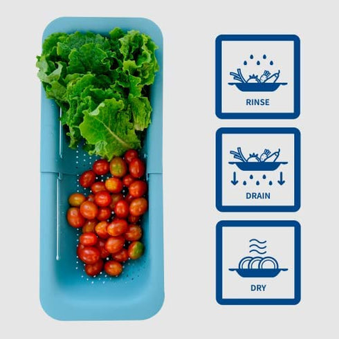 BLUE GINKGO Over the Sink Colander Strainer Basket - Wash Vegetables and Fruits, Drain Cooked Pasta and Dry Dishes - Extendable - New Home Kitchen Essentials (7.9 W x 14.5-19.5 L x 2.75 H) - Teal