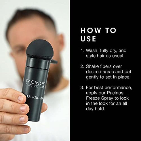 Pacinos Hair Fibers (Dark Brown) - Thickening Fibers Achieve Fuller Appearance by Concealing Thinning Hair & Bald Spots, Includes Applicator Pump Nozzle