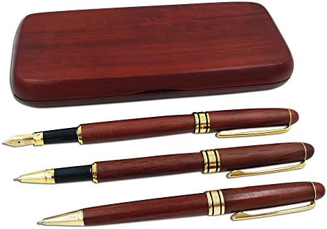 3 Pcs Wooden Pens Set with Pen Gift Case/Best Writing Fountain Pen, Fancy Ballpoint Pen and Luxury Gel Pen with Ink Refills, Promotional Business Designer Pens