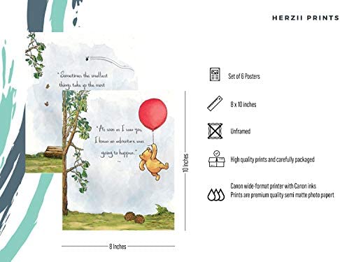 HerZii Prints Classic Winnie The Pooh Wall Art Decorations Set of 6 8x10 inch - Nursery Playroom Home Decor - Baby Shower Decorations