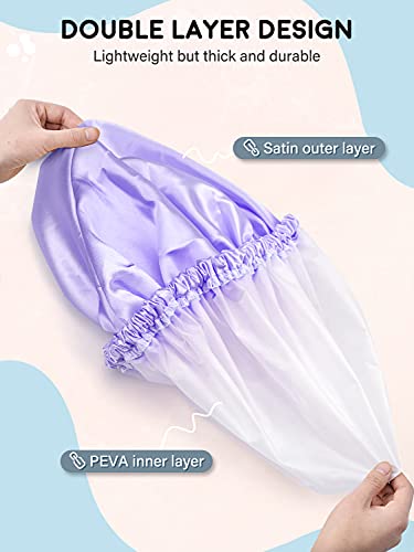 POPCHOSE Shower Cap, Large Shower Caps for Women Long Hair, Reusable Double Layer Waterproof Shower Hair Bath Cap, Stylish Satin Hair Bonnet, Soft Comfortable EVA Lined Shower Hat for All Hair Length