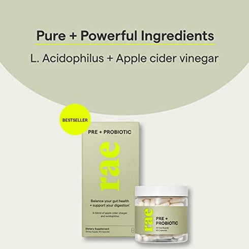 Rae Pre + Probiotic for Women - Women’s Probiotic and Prebiotic Supplement for Gut Health with Apple Cider Vinegar and Lactobacillus Acidophilus - Vegan, Non GMO and Gluten Free - 30 Day Supply