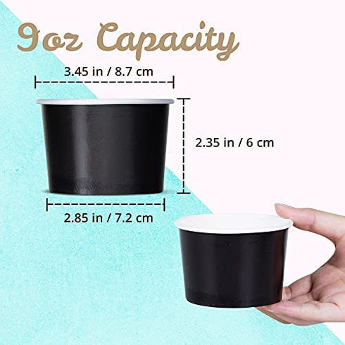 Paper Ice Cream Cups - 50-Count 9-Oz Disposable Dessert Bowls for Hot or Cold Food, 9-Ounce Party Supplies Treat Cups for Sundae, Frozen Yogurt, Soup, Black