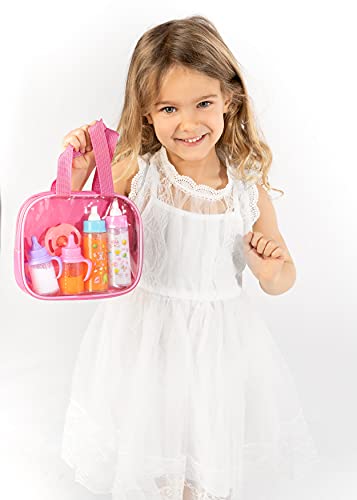 fash n kolor®, My Sweet Baby Disappearing Doll Feeding Set | Baby Care 4 Piece Doll Feeding Set for Toy Stroller | 2 Milk & Juice Bottles with Toy Pacifier for Baby Doll,