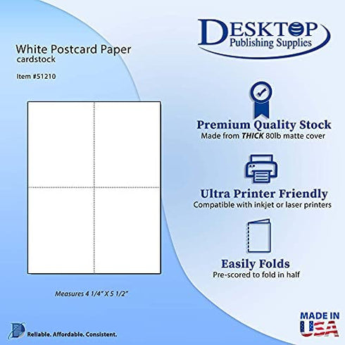 Heavyweight Blank Postcard Paper for Printing - 20 Sheets / 80 Postcards - White - Perforated 4 per Sheet - Thick 80lb Cover Cardstock - Inkjet/Laser Printable