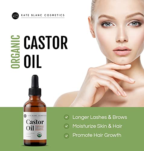Castor Oil (2oz), USDA Certified Organic, 100% Pure, Cold Pressed, Hexane Free by Kate Blanc Cosmetics. Stimulate Growth for Eyelashes, Eyebrows, Hair. Skin Moisturizer & Hair Treatment Starter Kit