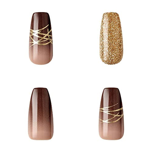 Gold Finger Gel Glam Design Nail Press On Nails, Gel Nail Kit, Polish Free Manicure Long Length (GD18)